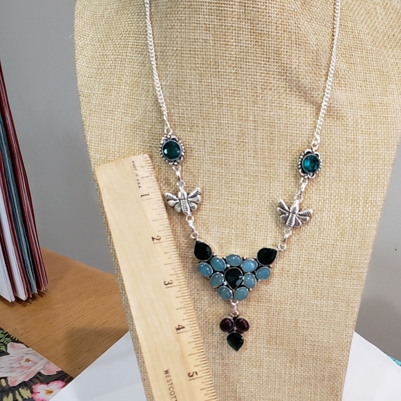 Aqua Chalcedony, Green Onyx, Garnet Gem 925 Statement Necklace - Picture 14 of 15